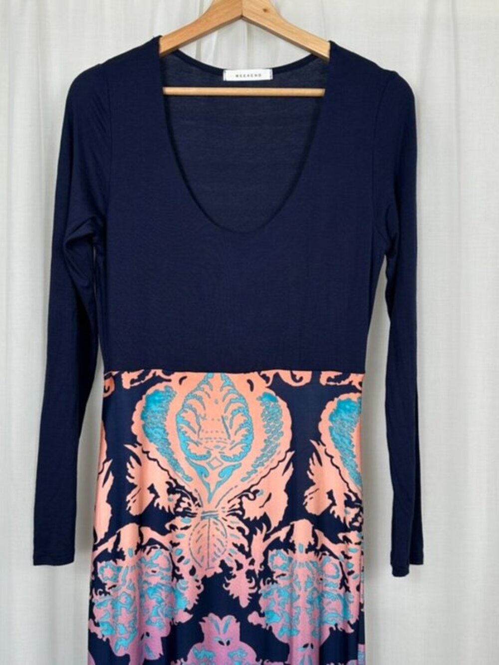Weekend‎ Juniors Bodycon Maxi Dress Large Long Sleeve Boho Print Colorful Resort - Picture 2 of 10